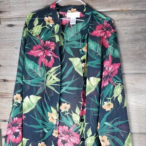 Black & Floral Print Long Button Kimono - Size XL